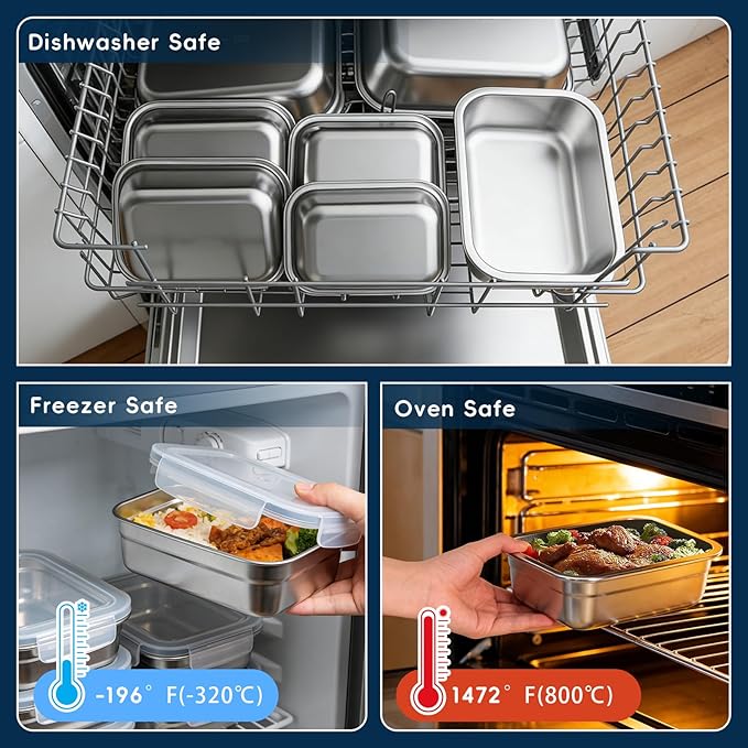 10PCS 304 Stainless Steel Food Storage Containers with Airtight Leakproof Lids, Stackable Bento Lunch Box for Meal Prep, Reusable Metal Containers, Oven/Dishwasher/Freezer Safe(31.5/21/14 Oz)