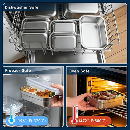 10PCS 304 Stainless Steel Food Storage Containers with Airtight Leakproof Lids, Stackable Bento Lunch Box for Meal Prep, Reusable Metal Containers, Oven/Dishwasher/Freezer Safe(31.5/21/14 Oz)