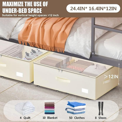 EE-RoomWorld Under Bed Storage with Wheels, No Assemble Required 12 inches height Under Bed Storage bins,Large capacity Rolling Underbed Shoe Storage containers，dorm underbed storage drawers