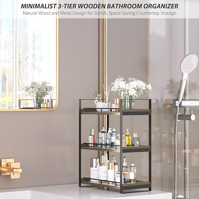 Bathroom Counter Organizer, 3 Tier Wood Countertop Shelf for Vanity, Skincare, Makeup, Kitchen Coffee and Sink Storage, with Durable Metal Bracket (Dark Brown)
