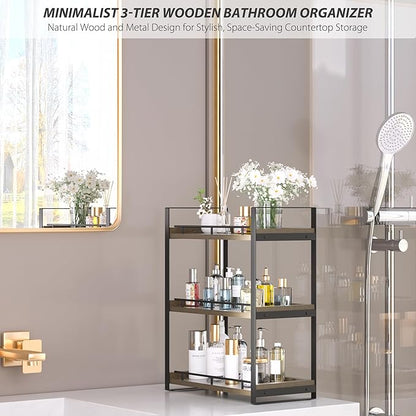 Bathroom Counter Organizer, 3 Tier Wood Countertop Shelf for Vanity, Skincare, Makeup, Kitchen Coffee and Sink Storage, with Durable Metal Bracket (Dark Brown)