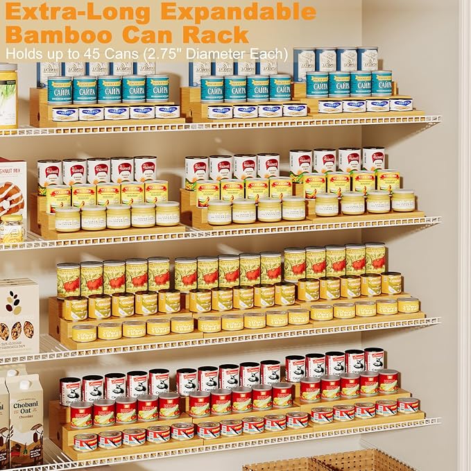 3-Tier Extra-Long Expandable Bamboo Can Rack for Pantry – Adjustable Pantry Can Organizer, Large Capacity Holds up to 45 Cans, Pantry Shelf & Countertop Storage (Patent Pending)