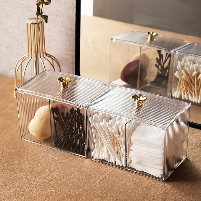 DASITON Acrylic Qtip Holder, Bathroom Jars With Lids Set, Apothecary Jar Dispenser For Cotton Ball, Swab, Round Pads, Floss