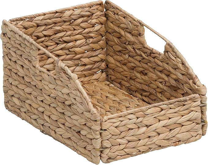 eHemco Trapezoid Woven Hyacinth Wicker Pantry Storage Baskets with Iron Wire Frame, 13.25"x9"x7/3.5", Natural, Set of 2