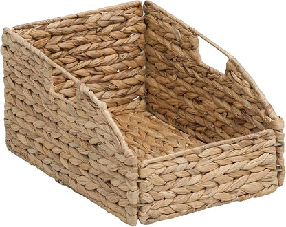 eHemco Trapezoid Woven Hyacinth Wicker Pantry Storage Baskets with Iron Wire Frame, 13.25"x9"x7/3.5", Natural, Set of 2