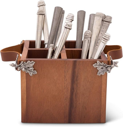 Vagabond House Caddy Square Acacia Wood Flatware/Serve ware/Utensil/Carry-All Holder with Solid Pewter Acorn & Oak Leaf Accent and Real Leather Handles, 4 Compartments 8 inch x 7 inch