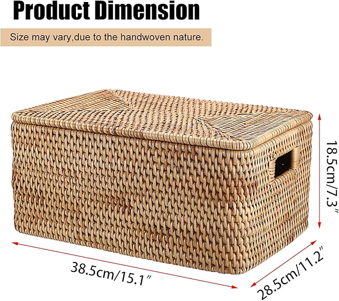 Hipiwe Rattan Basket With Lid Rectangular Lidded Basket Natural Hand-Woven Wicker Storage Basket Bin for Shelf Organizing Picnic Food Bread Table Storage Basket, 15.1 x 11.2 x 7.3 inch