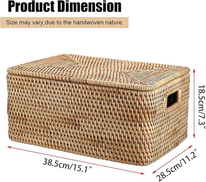 Hipiwe Rattan Basket With Lid Rectangular Lidded Basket Natural Hand-Woven Wicker Storage Basket Bin for Shelf Organizing Picnic Food Bread Table Storage Basket, 15.1 x 11.2 x 7.3 inch