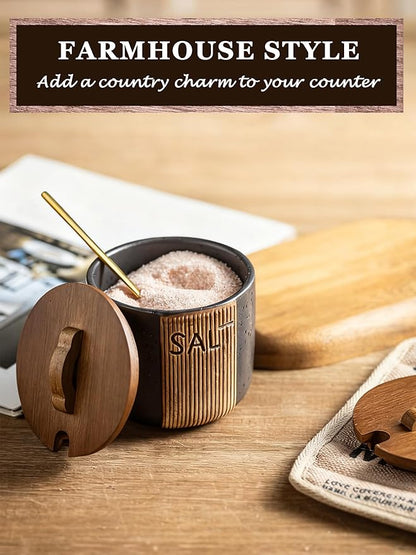 Salt Container for Countertop, Ceramic Salt Cellar with Lid & Spoon, Farmhouse Salt Bowl for Mother's Day, 10 OZ, Black