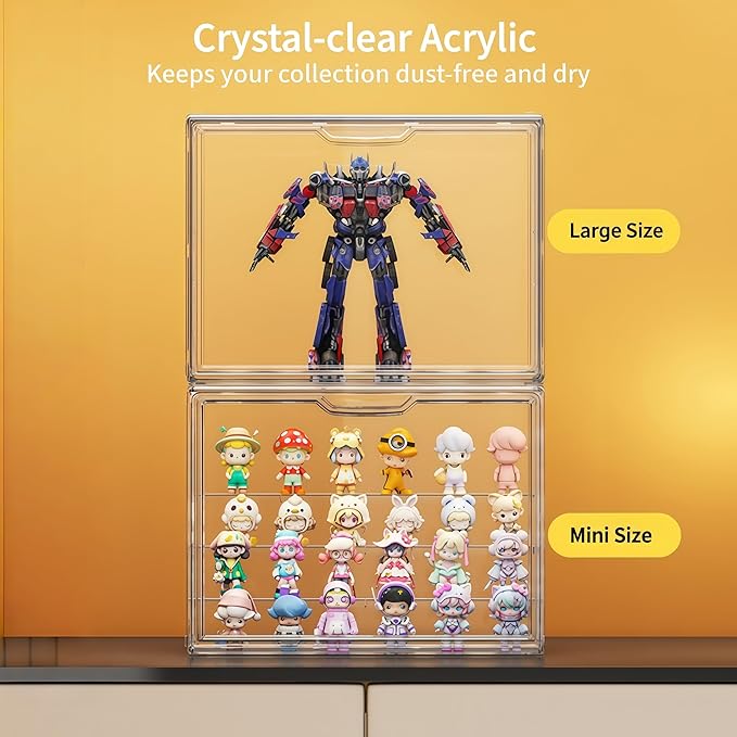 Acrylic Collectible Display Box Transparent Figure Display Box, with Magnetic Door, Stackable Design Dustproof Mini Figure Display Stand Display Organizer Countertop with Adjustable Shelves