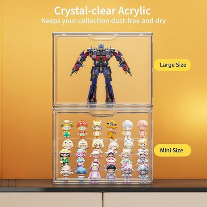 Acrylic Collectible Display Box Transparent Figure Display Box, with Magnetic Door, Stackable Design Dustproof Mini Figure Display Stand Display Organizer Countertop with Adjustable Shelves