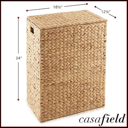 Casafield Large Laundry Hamper with Lid and Removable Liner Bag - Natural, Woven Water Hyacinth Rectangular Laundry Basket Sorter for Clothes and Towels
