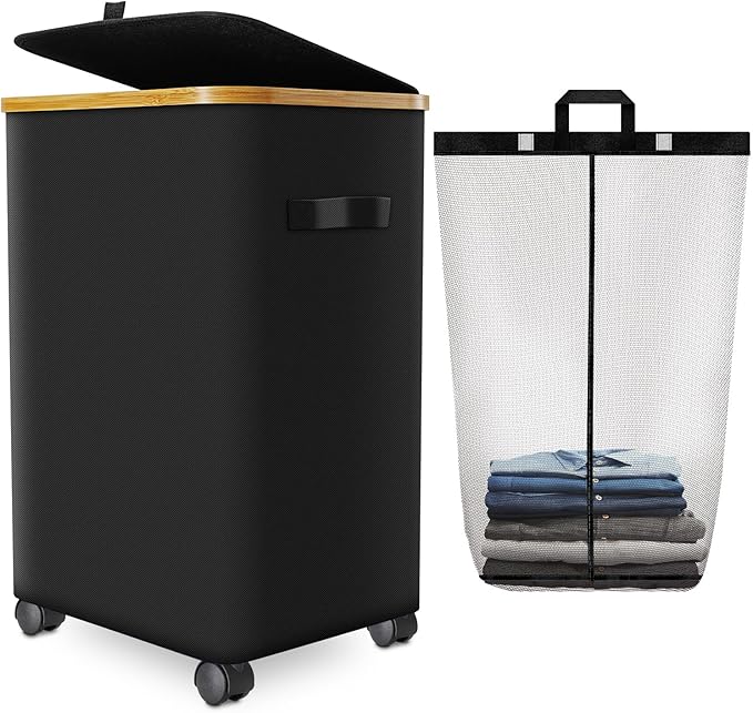 Laundry Hamper with Wheels,20 Gal (75L) Laundry Basket with lid Rolling Clothes Hamper Foldable Dirty Clothes Basket on wheels with Bamboo Frame and Bag for Bedroom, Dorm, Laundry Room-Black
