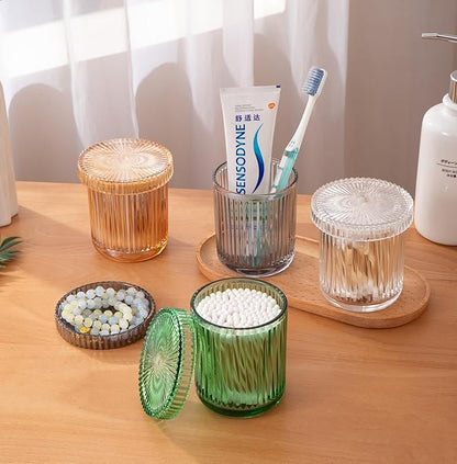 2 Pack Glass Qtip Holder Dispenser Set - Bathroom Organizer for Cotton Swabs, Balls, Pads, Floss Picks - Clear Apothecary Jars for Vanity, Makeup Storage, Bathroom Accessories Decor (Green)