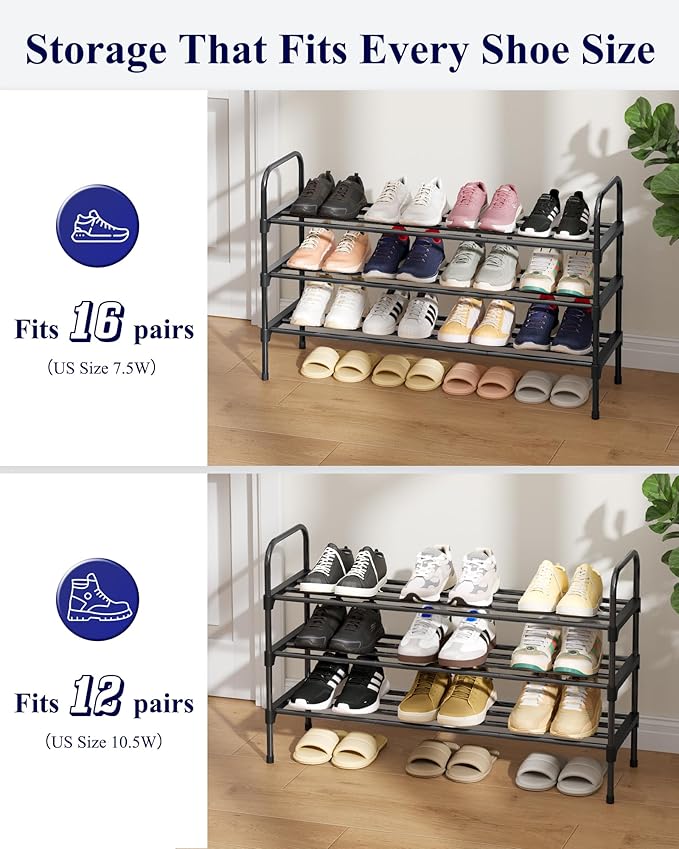 Kitsure Shoe Rack - 3-Tier Space-Saving Shoe Organizer & Shoe Shelf with Handle, Easy Assembly, Sturdy Metal Shoe Rack for Closet, Entryway, Bedroom, 28.0" x 11.8" x 26.5", Black