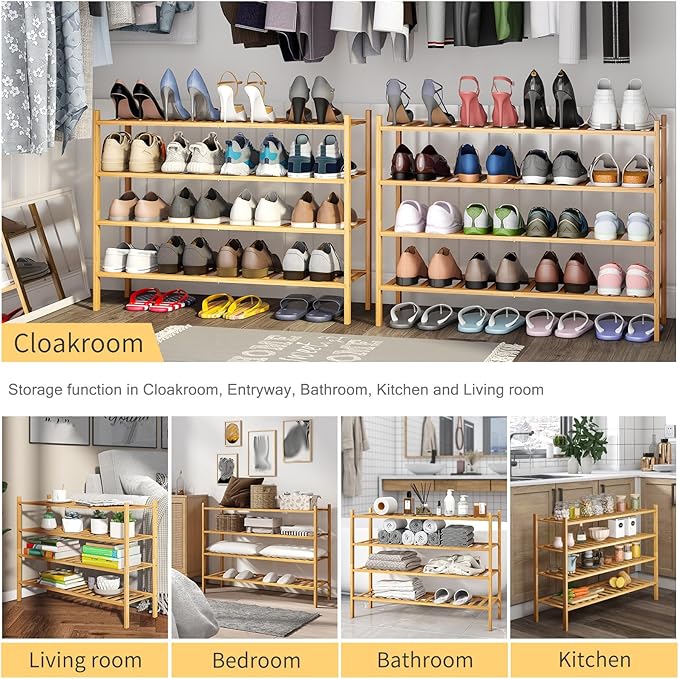 Long Shoe Rack, 4-Tier Bamboo Stackable Shoe Shelf Storage Organizer, Shoe Stand for Closet, Entryway and Hallway