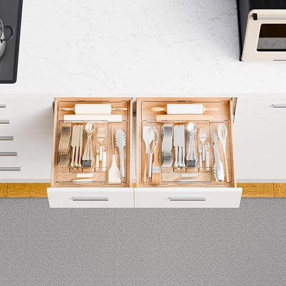 Yieach Acrylic Clear Expandable Kitchen Utensil Drawer Organizer and Silverware Organizer,BPA FREE Adjustable Silverware Tray for Drawer Cutlery,Spatula,Tools,Flatware Organizers,Fork and Spoon Holder