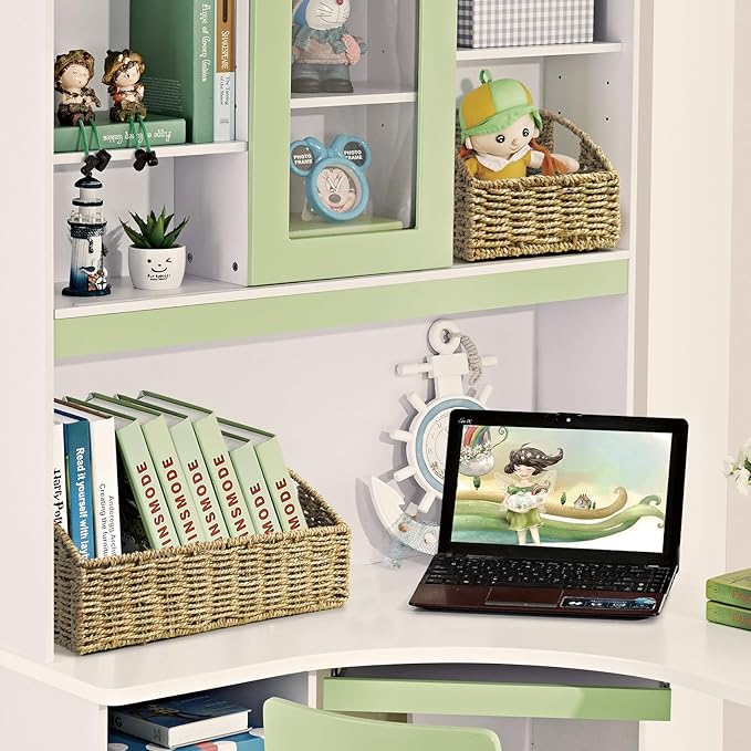 Rattan Storage Baskets, Handwoven Wicker Storage Bins with Built-in Handles, Storage Container Baskets for Shelves, Bedroom, Bathroom, Laundry Room or Kitchen(Green)