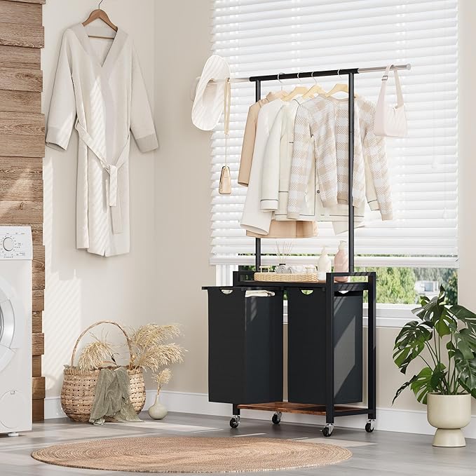 IDEALHOUSE 2-Section Laundry Sorter,Rolling Laundry Hamper with Hanging Rack & Shelf, 2× 11.7 Gal (44.3 L), Basket Organizer with Lockable Wheels,Folding Station for Bedroom, Bathroom