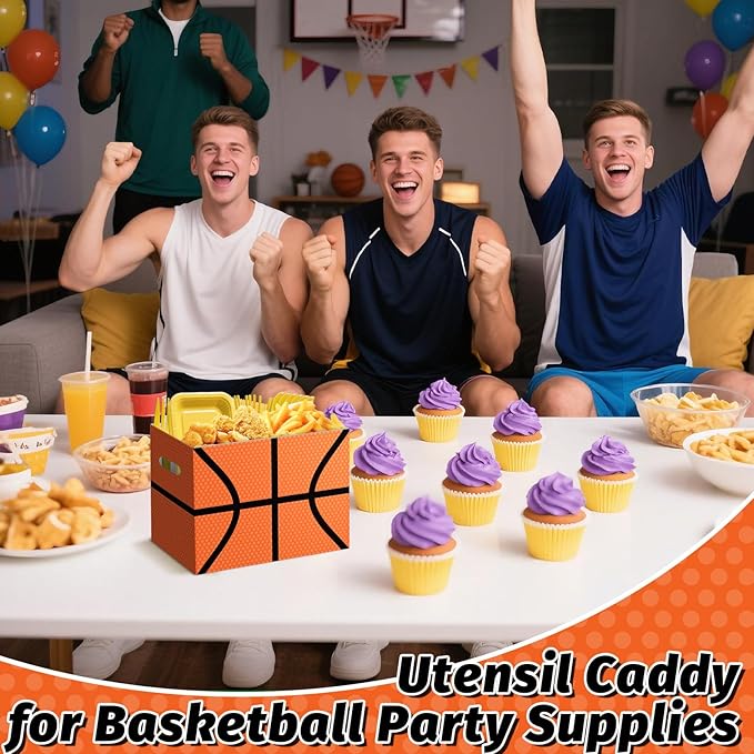 2PCS Basketball Utensil Holder Paper Utensil Caddy for Basketball Party Decorations Disposable Cutlery Holder with Handles for Sports Birthday Party Supplies Boys Party Favors Cutlery Caddy