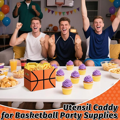 2PCS Basketball Utensil Holder Paper Utensil Caddy for Basketball Party Decorations Disposable Cutlery Holder with Handles for Sports Birthday Party Supplies Boys Party Favors Cutlery Caddy