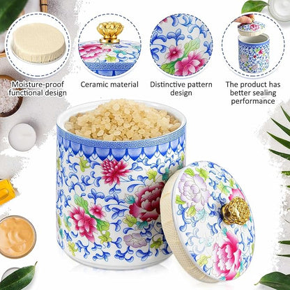 2 Pcs Vintage Chinese Ceramic Porcelain Salt Cellar with Lid Ceramic Salt Holder Container for Coffee, Sugar, Spices and Candies, Airtight Spice Jar, Kitchen Storage Dish (Colorful)