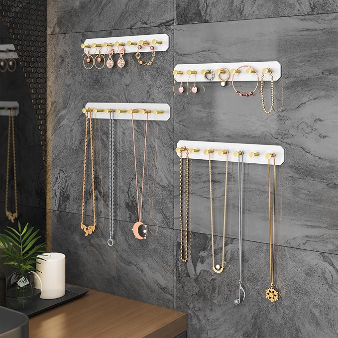 NiHome 4-Pack Wall Mount Acrylic Jewelry Storage for Necklaces, Bracelets, Earrings, Accessories, Easy Installation for Vanity, Bathroom, Kitchen (White)