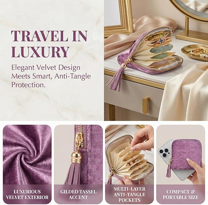 Vintage women's coin wallet jewelry storage bag, metal zipper multi-layer travel storage box, earrings, rings, necklaces, elegant storage bag, neutral Christmas and birthday gifts (violet)