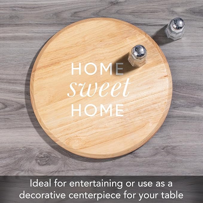CounterArt Decorative Round Natural Wood Lazy Susan Turntable 14" Diameter Condiment Caddy, Cheese Server, Cake Plate, Spice Organization (Home Sweet Home)