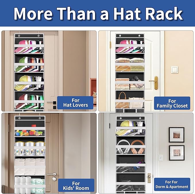KYEVIS Over The Door Hat Organizer for Baseball Caps - Holds up 60 Hat Rack with Extra Large Row for Cowboy, Hat Storage for Closet, Bedroom, Cabinet, Space Saving Hanging Holder, Scarves, Accessories