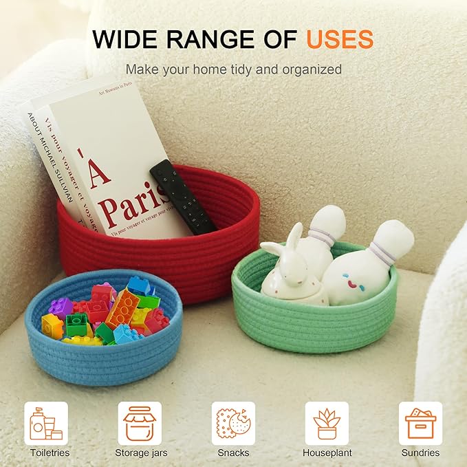 6 Pack Woven Storage Baskets for Organizing, Cotton Rope Rainbow Baskets for Shelves, Cute Colorful Cubby Round Bins, Home Decor Closet Organizer