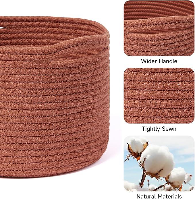MiniArk Small Basket for Organizing | Cube Shelf Closet Storage Baskets | 9.7×9.7×7.1” | Woven Rope Gift Basket | Nursery | Round 3 Packs Oxide Red