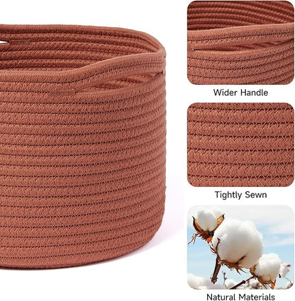 MiniArk Small Basket for Organizing | Cube Shelf Closet Storage Baskets | 9.7×9.7×7.1” | Woven Rope Gift Basket | Nursery | Round 3 Packs Oxide Red