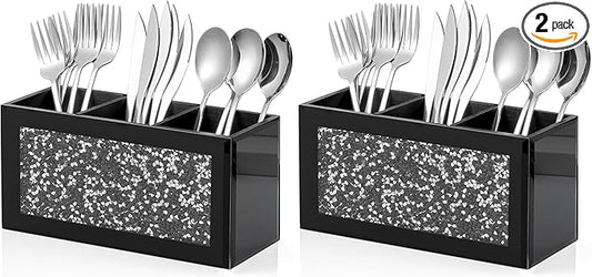 SHYFOY Silverware Holder, Black Glass Mirror Utensil Caddy, 3-Slot Silverware Organizer with Crystal Diamonds, Cutlery Holder for Party, Fork Spoon Knife Organizer (Pack of 2)