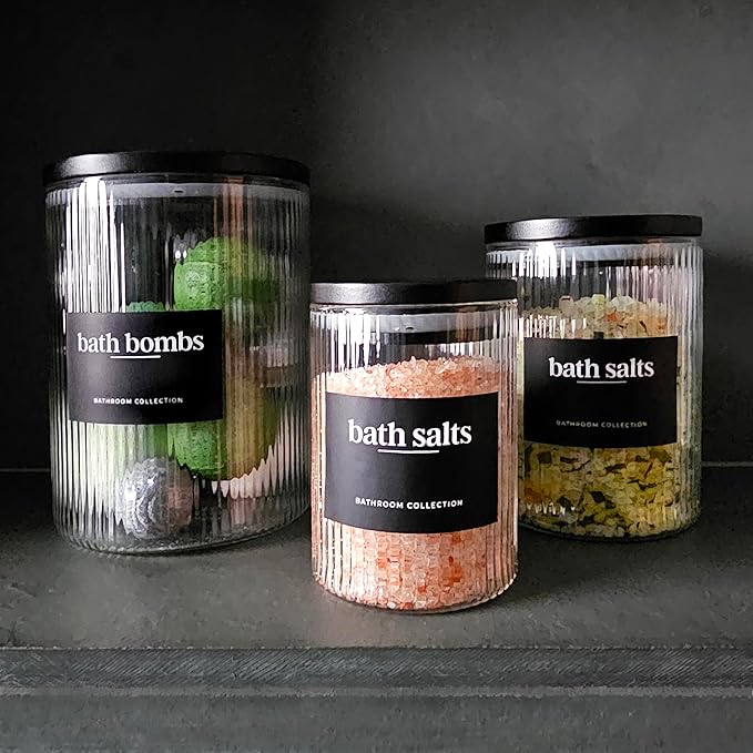 Mason & Fable 3x Ribbed Glass Bathroom Jars with Airtight Black Bamboo Lids | Cotton Pad/Buds/Q tip Holder | Bath Salt/Small Makeup/Apothecary Storage Canister- 10, 20 & 40 fl.oz