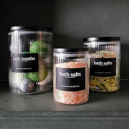 Mason & Fable 3x Ribbed Glass Bathroom Jars with Airtight Black Bamboo Lids | Cotton Pad/Buds/Q tip Holder | Bath Salt/Small Makeup/Apothecary Storage Canister- 10, 20 & 40 fl.oz