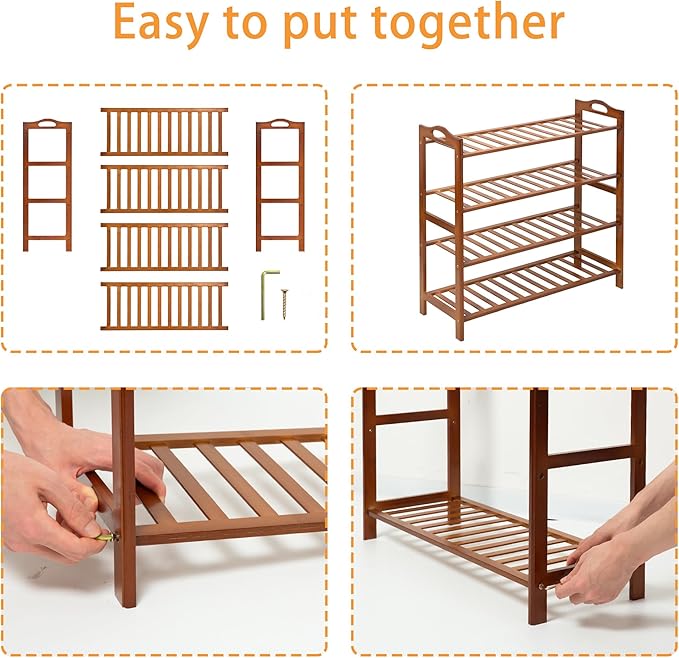 4 Tier Bamboo Shoe Rack, Free Standing Shoes Rack Shoe Shelf Shoe Organizer for Closet, Entryway, Bedroom, Living Room, Front Door, Studio, Bathroom