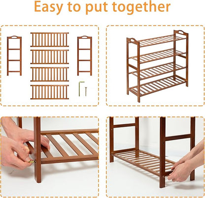 4 Tier Bamboo Shoe Rack, Free Standing Shoes Rack Shoe Shelf Shoe Organizer for Closet, Entryway, Bedroom, Living Room, Front Door, Studio, Bathroom