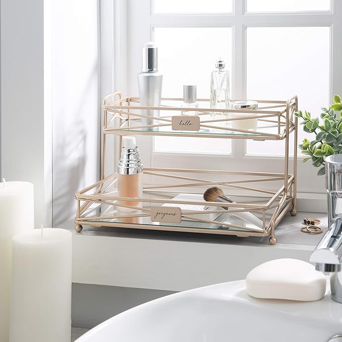 Home Details Mirrored, Perfect for Perfumes, Jewelry, Makeup, Cosmetic Organizer, Stylish Decor in Rose Gold 2 Tier Vanity Tower