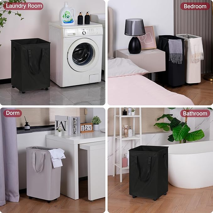 efluky Slim Laundry Hamper with Wheels, Rolling Laundry Basket for Clothes, Small Laundry Basket for Bedroom, Dorm and Laundry Room, 90L (19.8 Gallons) Black