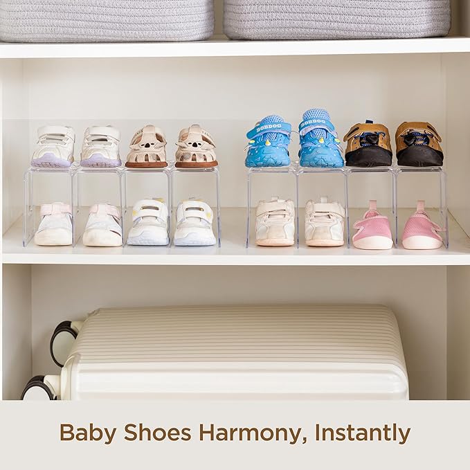 HBlife Clear Acrylic Kids Shoe Rack for Closet Organizers and Storage, Small Shoe Rack 4 Sections Toddler Baby Shoe Storage Organizer Stackable Shoe Shelf,Desk File Sorter Book Purse Organizer(2 Pack)