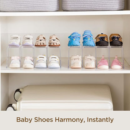 HBlife Clear Acrylic Kids Shoe Rack for Closet Organizers and Storage, Small Shoe Rack 4 Sections Toddler Baby Shoe Storage Organizer Stackable Shoe Shelf,Desk File Sorter Book Purse Organizer(2 Pack)