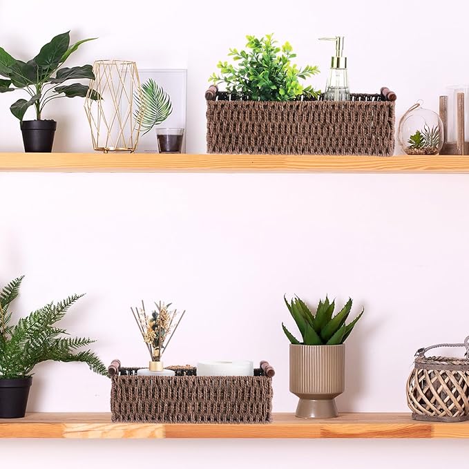 Boao 3 Pcs Boho Storage Wicker Baskets Handmade Woven Decorative Paper Rope Baskets for Organizing with Handle Countertop Toilet Paper Storage Container for Toilet Tank Top(Brown,Rectangle)