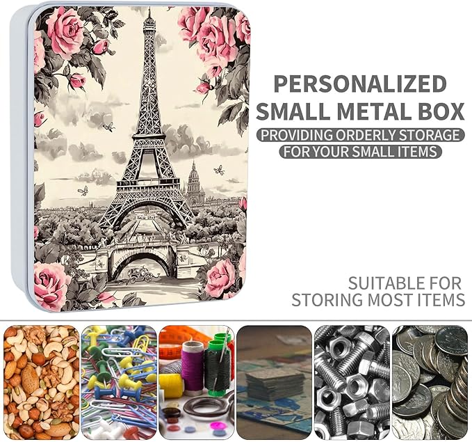 Metal Tin Box Sturdy Metal Storage Box with Lid, Eiffel Tower Rose Large Container Holder for TCG Cards, Car Keys, Cookies, Tin Containers for Gift, 5.0x3.7x1.6 Inch, Exquisite Pattern Design
