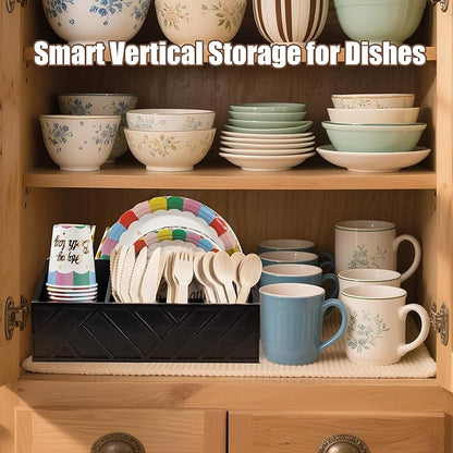 Paper Plate Dispenser with 6 Compartments – Wooden Utensil & Silverware Caddy Holder for Party, BBQ, Camping – Disposable Cutlery Organizer for Kitchen Countertop or Buffet Station, Black