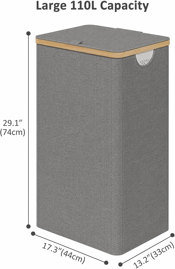 iEGrow Laundry Hamper with Lid, 110L Large Laundry Hamper with Handle and Lid, Collapsible Clothes Basket Organizer with Removable Inner Bag for Clothes Toys Towels - Grey