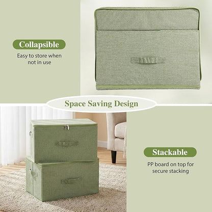 ANMINY Storage Bins with Zipper Lids 51.9 Qt Lidded Fabric Storage Boxes Baskets Cubes with Handles Collapsible Washable Cotton Linen Closet Shelf Clothes Organizer - Green, Extra Large