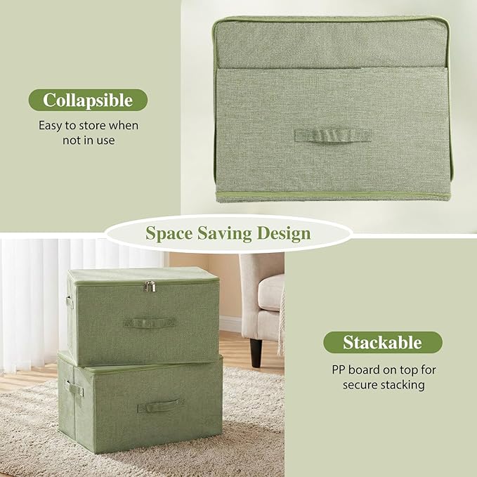 ANMINY 2PCS Storage Bins with Zipper Lids 36 Qt Lidded Fabric Storage Boxes Baskets Cubes with Handles Collapsible Washable Cotton Linen Closet Shelf Clothes Organizer Containers - Green, Large