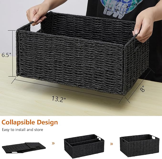 Vagusicc Wicker Storage Basket, Set of 2 Hand-Woven Paper Rope Wicker Basket, Small Storage Baskets for Organizing Toilet Paper Baskets, Foldable Large Cube Storage Organizer Bin for Shelves (Black)