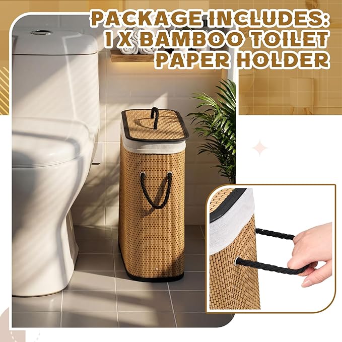 Leinuosen Bamboo Toilet Paper Storage Basket 8 Gallons/30 L Toilet Paper Organizer Holder with Lid Waterproof for Kitchen Bathroom Home(Walnut,Stylish)